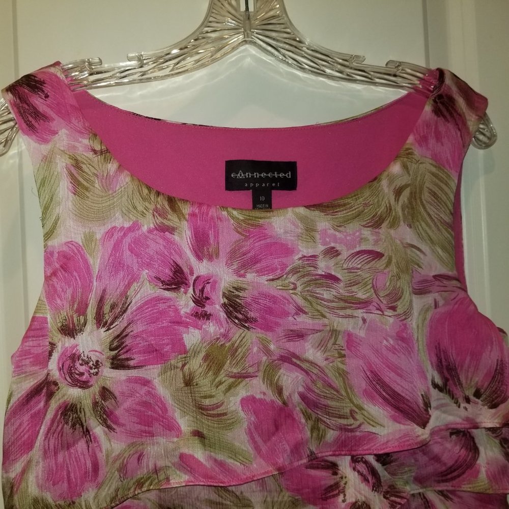 Pink and Green Floral Sleeveless Tiered Stretch Cocktail Dress 10 - Picture 2 of 7